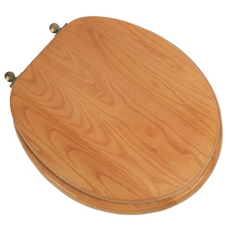 Designer Solid Round Oak Wood Toilet Seat With Antique Brass Hinges, Natural Red Oak